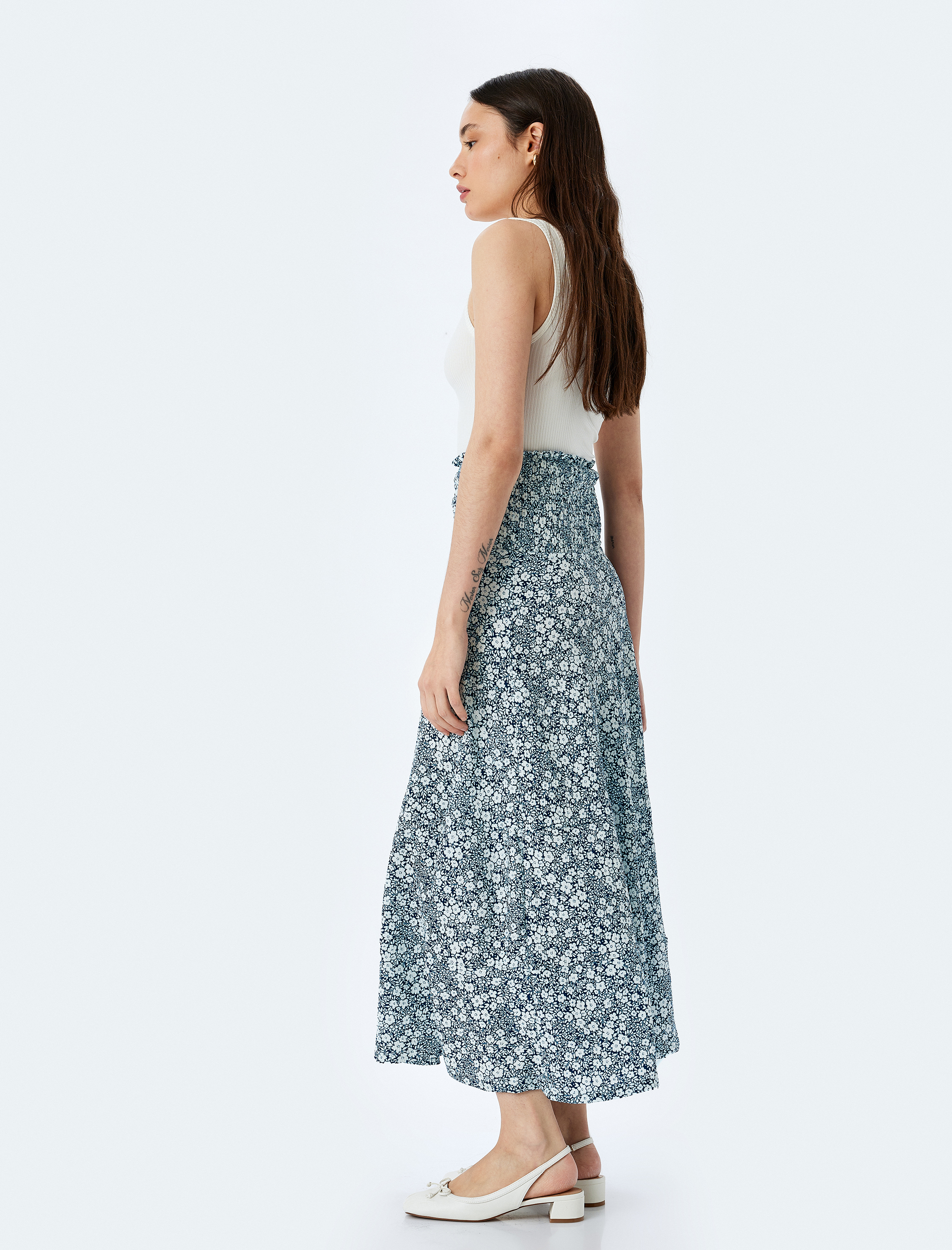   Yüksek Bel Lastikli Çiçek Desenli Midi Etek Bürümcük