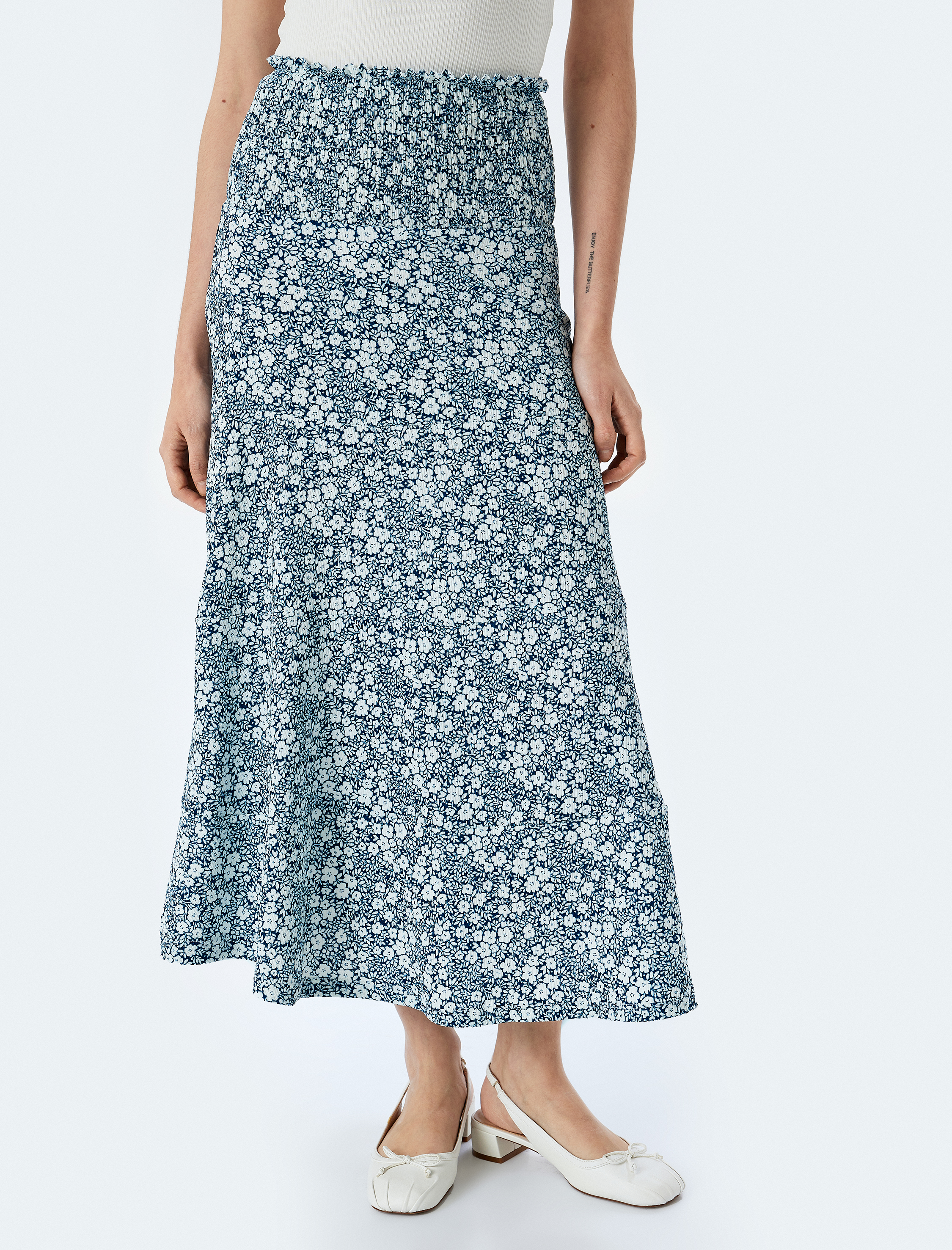   Yüksek Bel Lastikli Çiçek Desenli Midi Etek Bürümcük