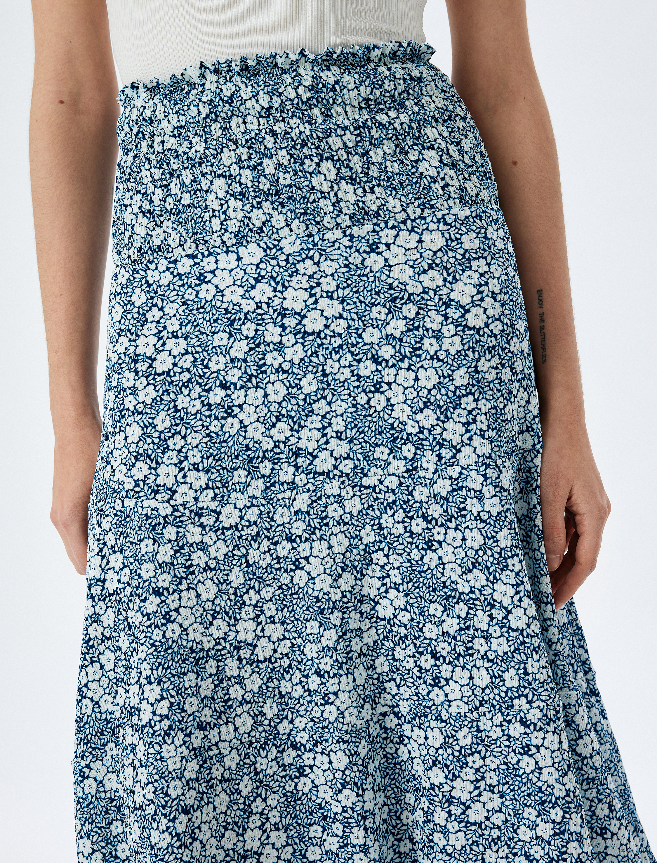   Yüksek Bel Lastikli Çiçek Desenli Midi Etek Bürümcük