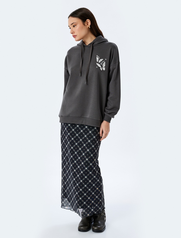  Kapüşonlu Arkası Baskılı Oversize Sweatshirt