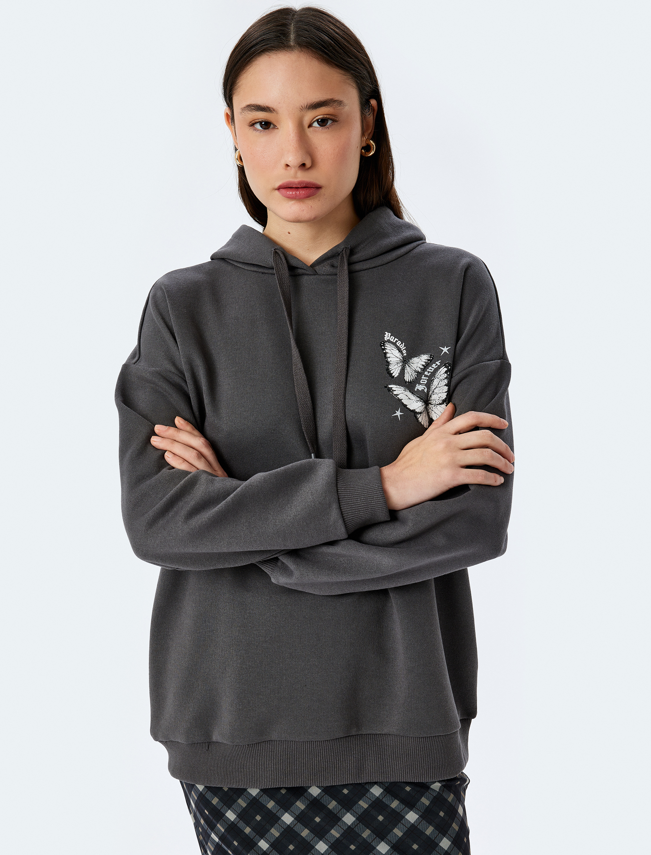 Koton Kadın Kapüşonlu Arkası Baskılı Oversize Sweatshirt -1