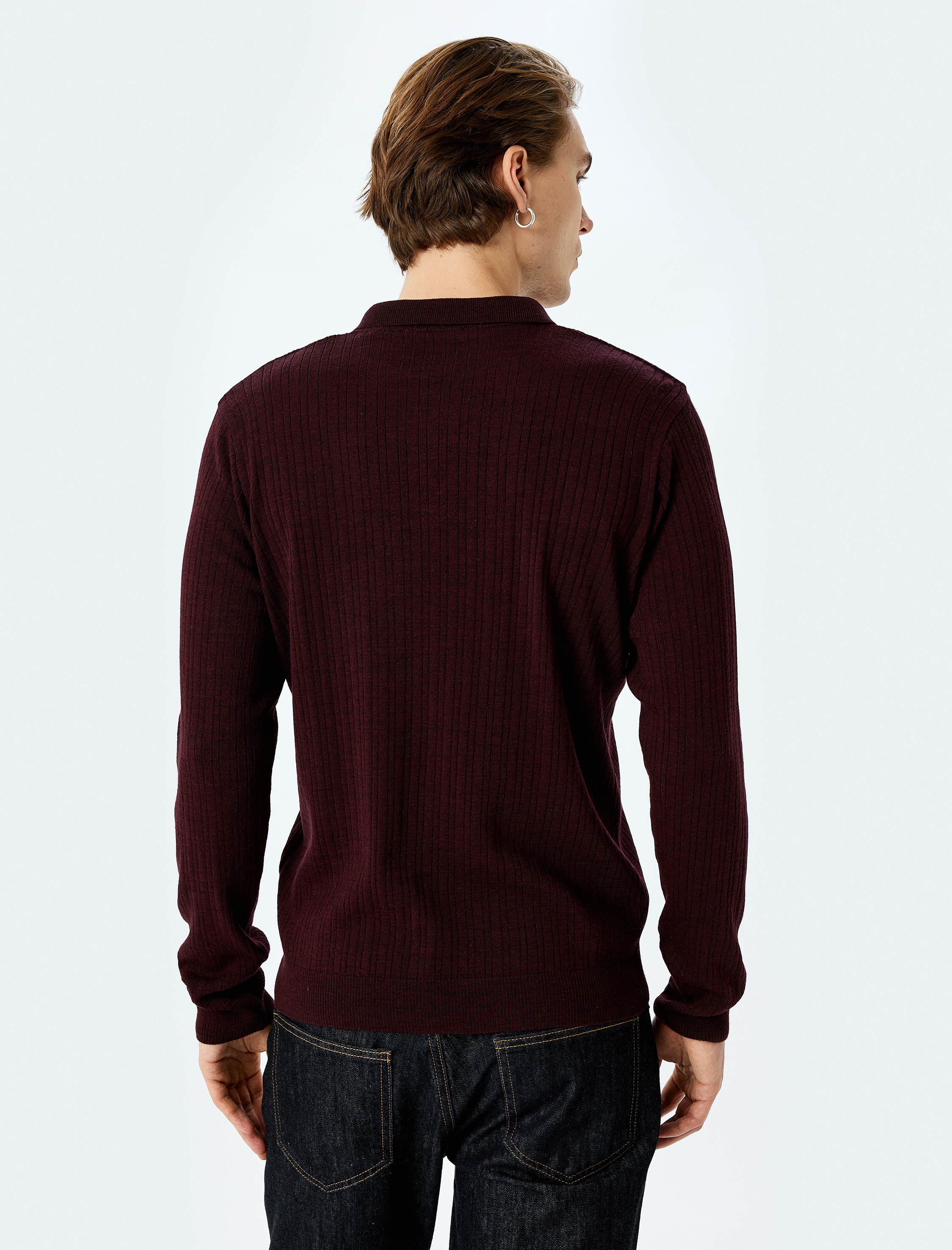 Polo Yaka Düğmeli Dokulu Triko Kazak