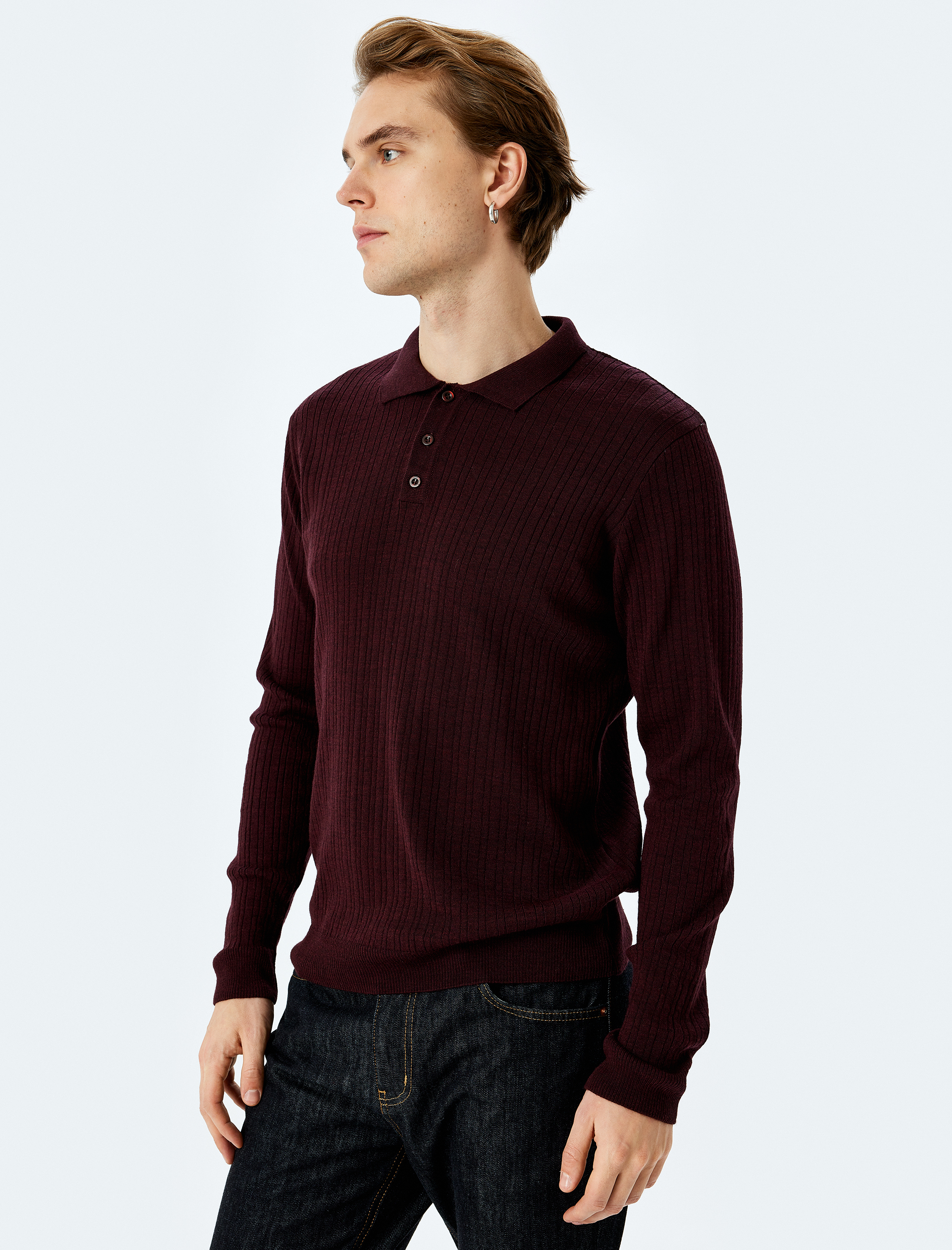 Polo Yaka Düğmeli Dokulu Triko Kazak