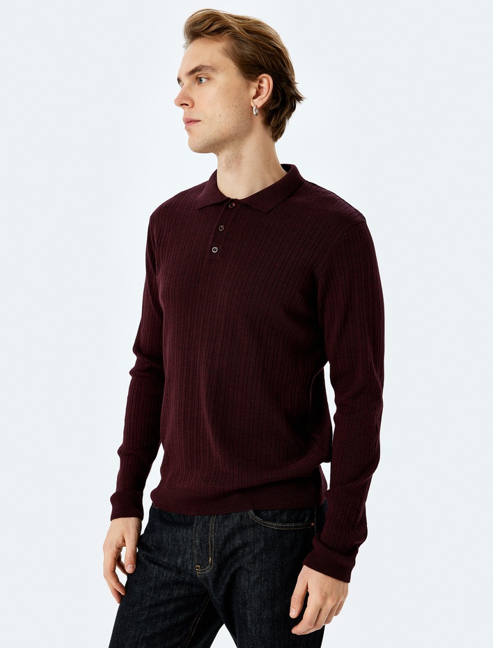  Polo Yaka Düğmeli Dokulu Triko Kazak