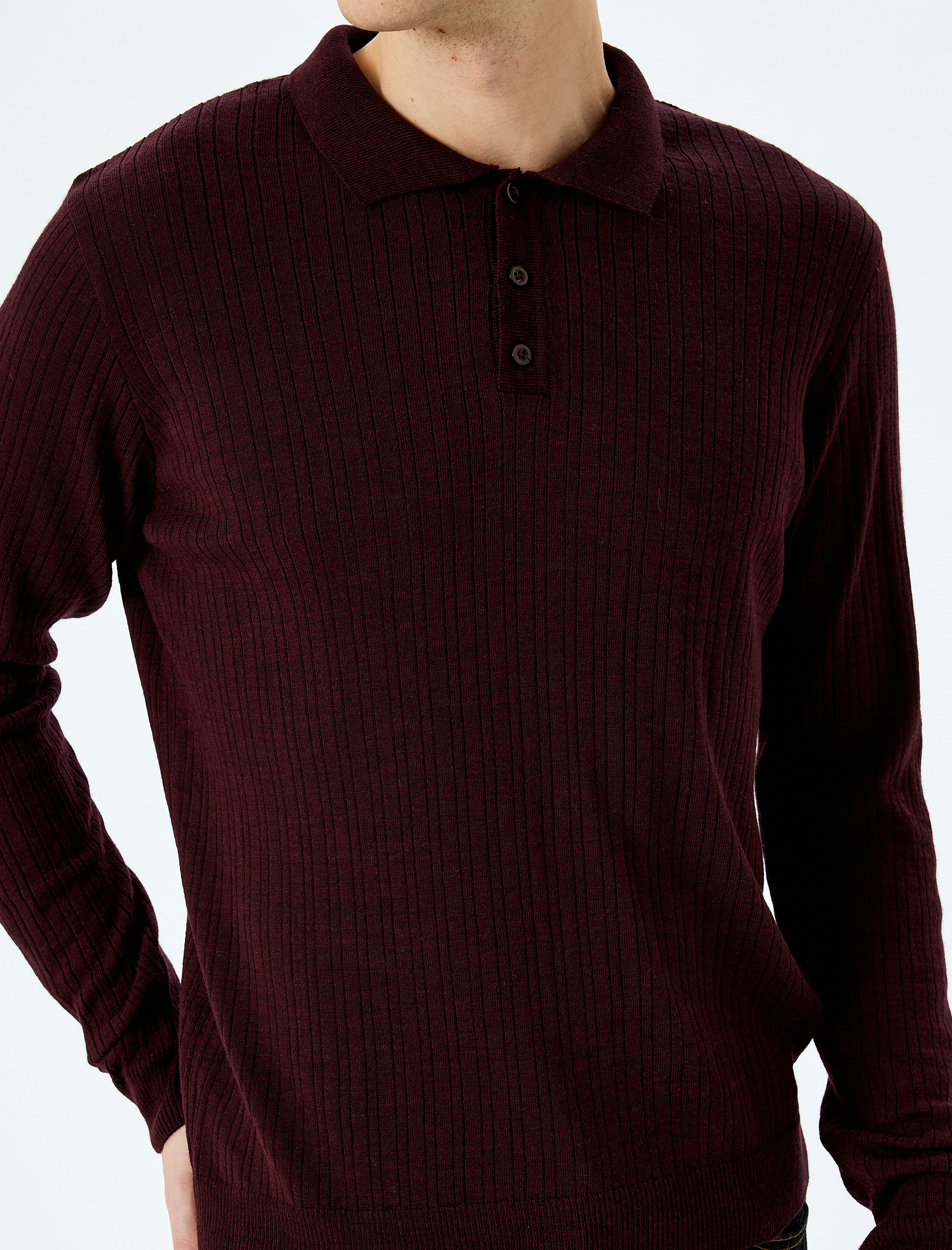 Polo Yaka Düğmeli Dokulu Triko Kazak