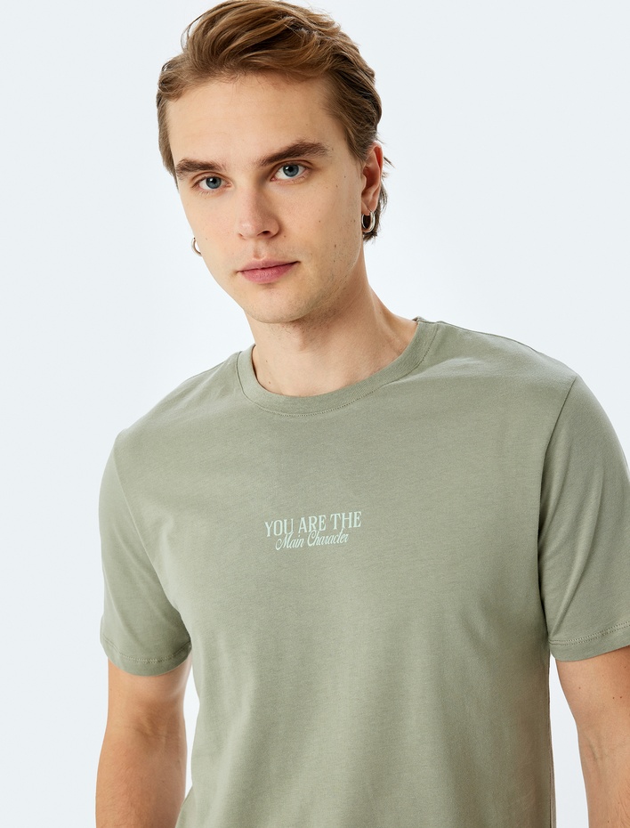  Slogan Baskılı Pamuklu Kısa Kollu Bisiklet Yaka Slim Fit Tişört