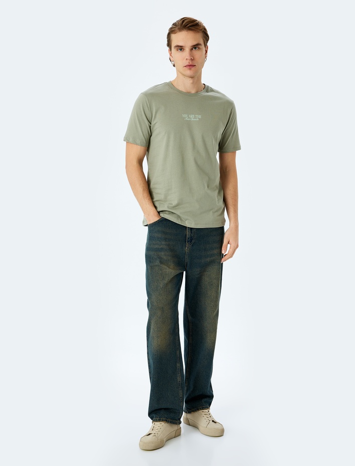  Slogan Baskılı Pamuklu Kısa Kollu Bisiklet Yaka Slim Fit Tişört