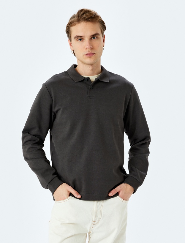 Pamuklu İnterlok Kumaş Polo Yaka Sweatshirt_2