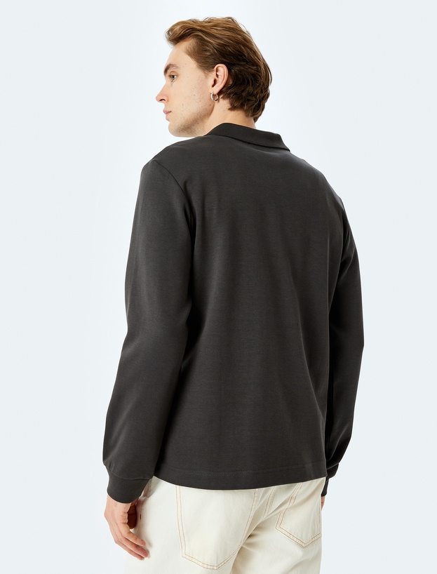 Pamuklu İnterlok Kumaş Polo Yaka Sweatshirt_3