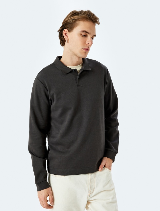 Pamuklu İnterlok Kumaş Polo Yaka Sweatshirt_1