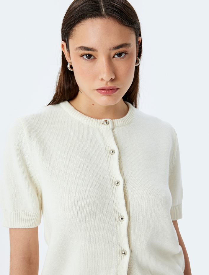  Bisiklet Yaka Düğmeli Kısa Kollu Triko Hırka