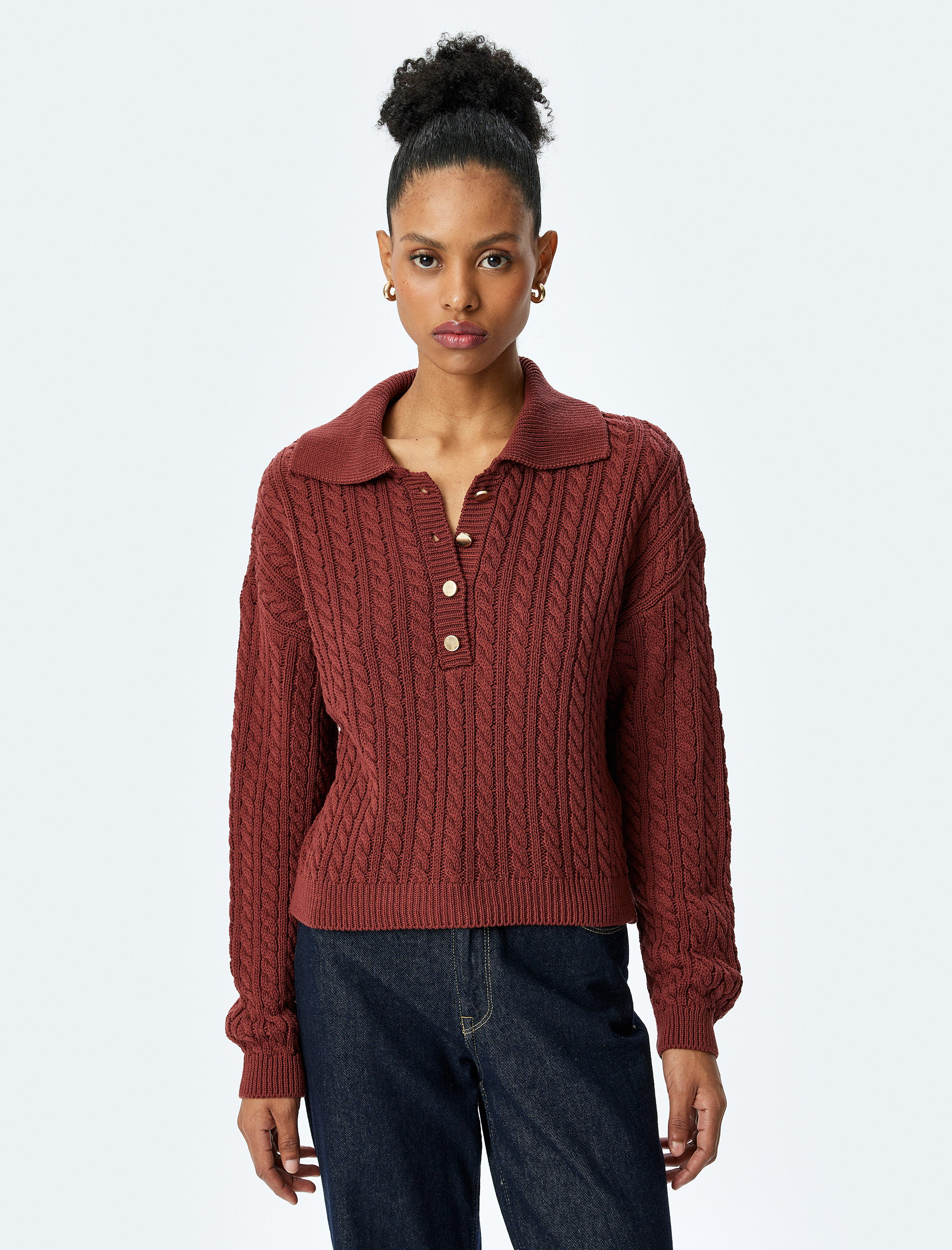   Uzun Kollu Düğmeli Polo Yaka Saç Örgü Kazak