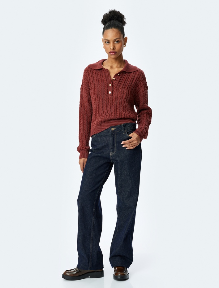  Uzun Kollu Düğmeli Polo Yaka Saç Örgü Kazak