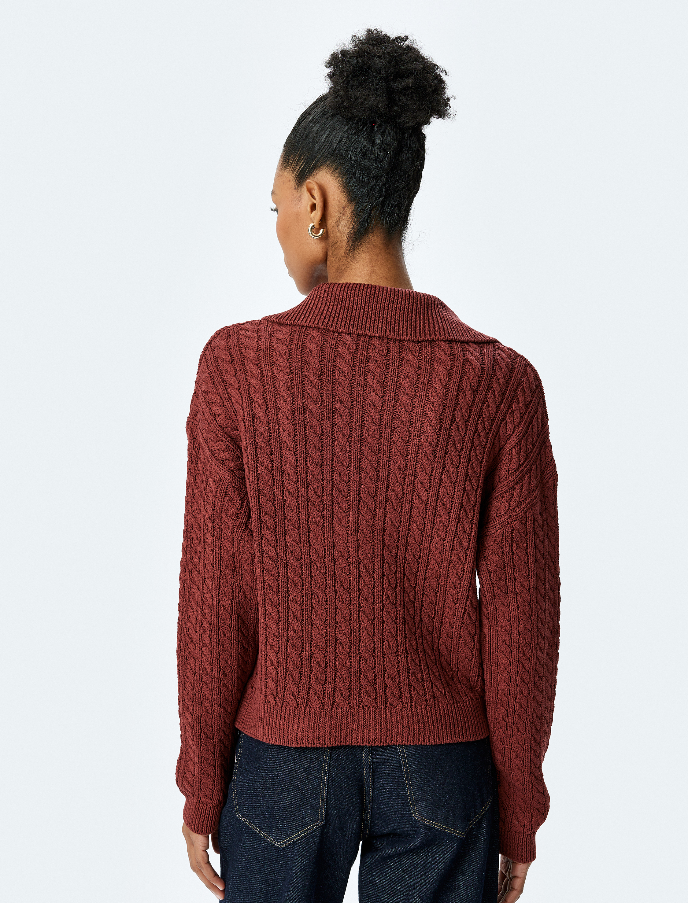   Uzun Kollu Düğmeli Polo Yaka Saç Örgü Kazak