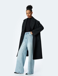 Cepli Düğmeli Kruvaze Oversize Kaşe Kaban