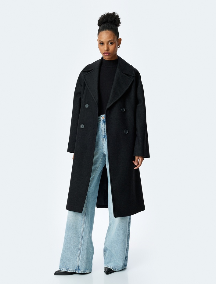  Cepli Düğmeli Kruvaze Oversize Kaşe Kaban