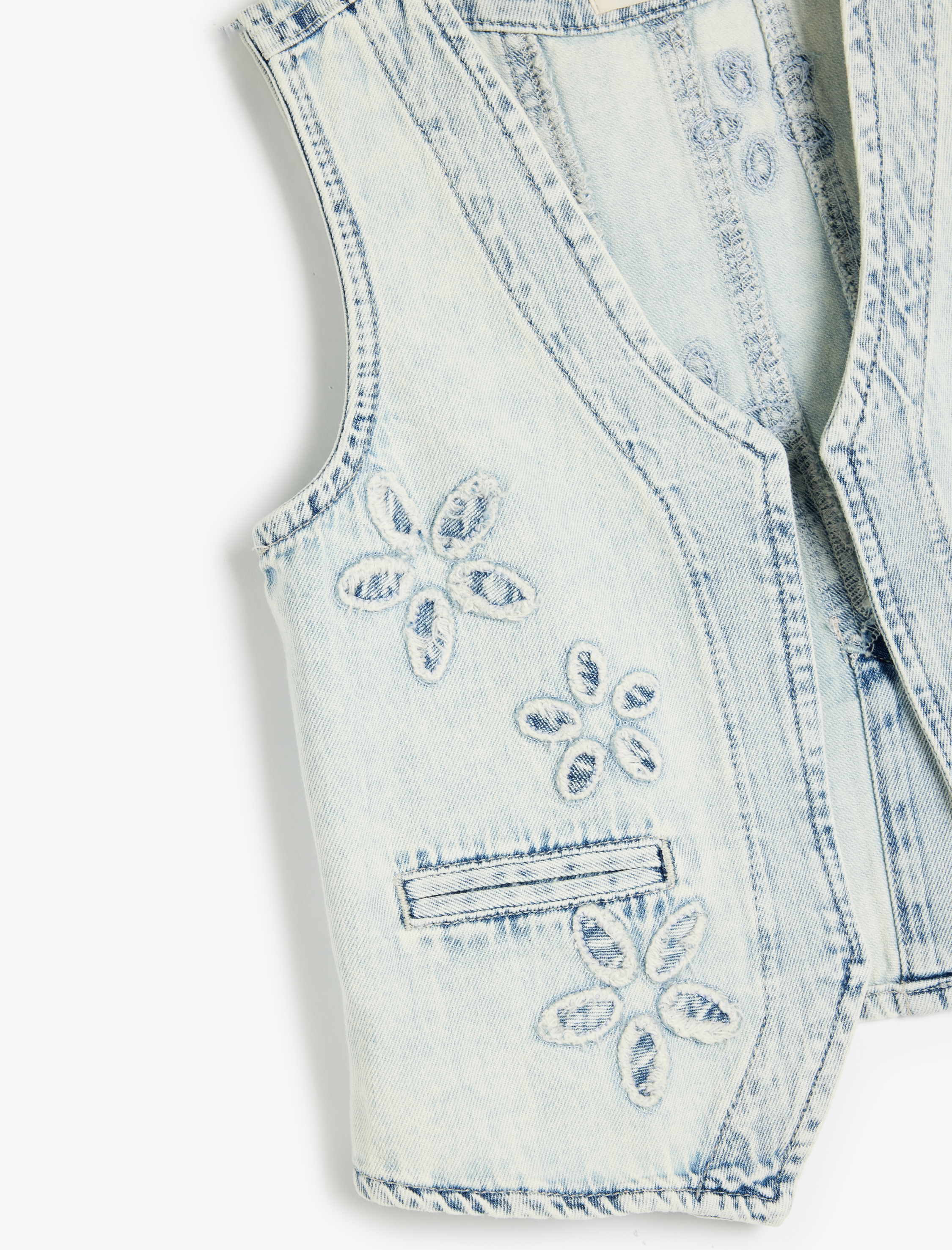  Kız Çocuk Çiçek Desenli Cepli Pamuklu V Yaka Crop Denim Yelek