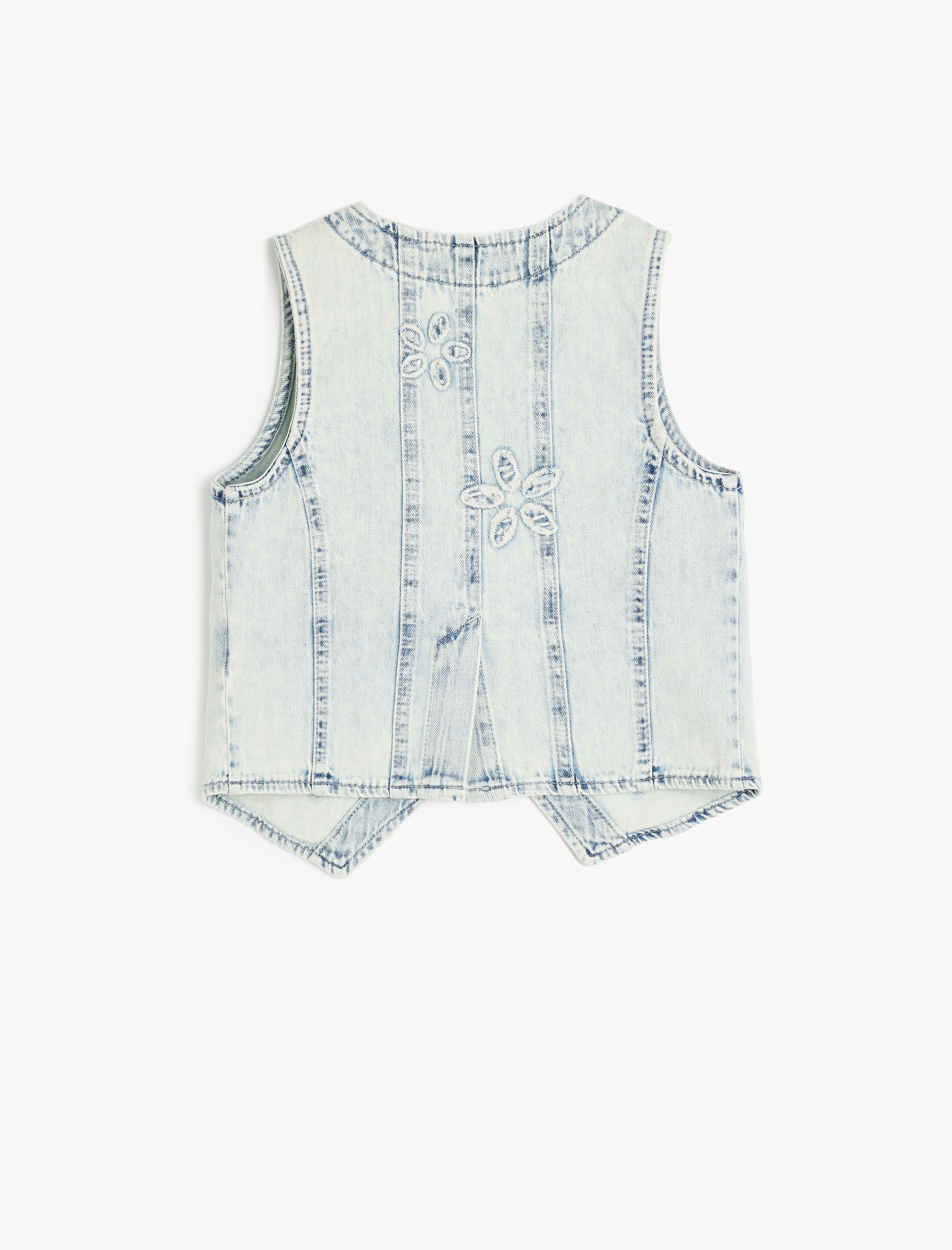  Kız Çocuk Çiçek Desenli Cepli Pamuklu V Yaka Crop Denim Yelek