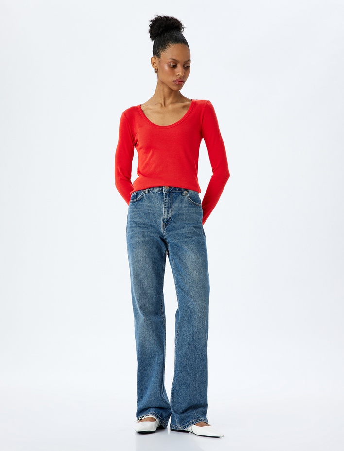  Pamuklu Uzun Kollu U Yaka Slim Fit Fitilli Tişört