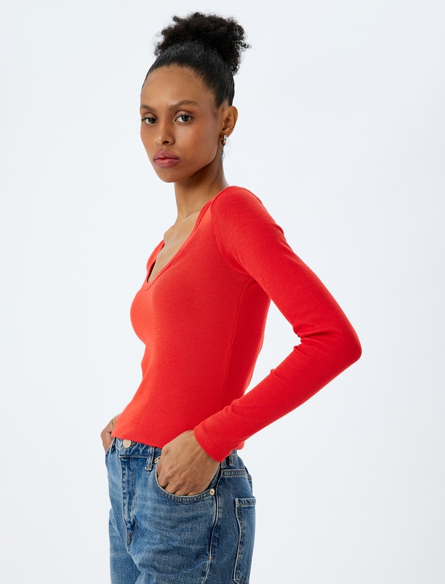 Pamuklu Uzun Kollu U Yaka Slim Fit Fitilli Tişört_0