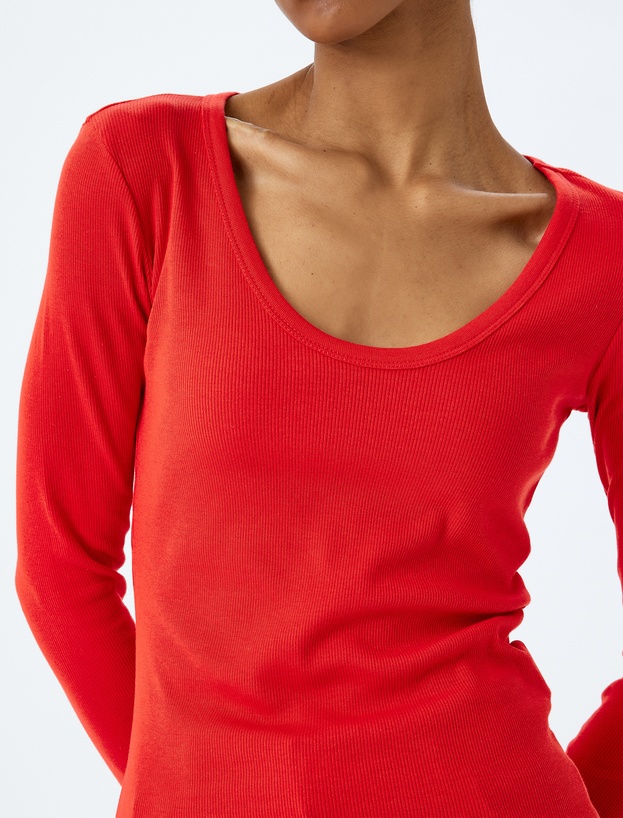Pamuklu Uzun Kollu U Yaka Slim Fit Fitilli Tişört_4