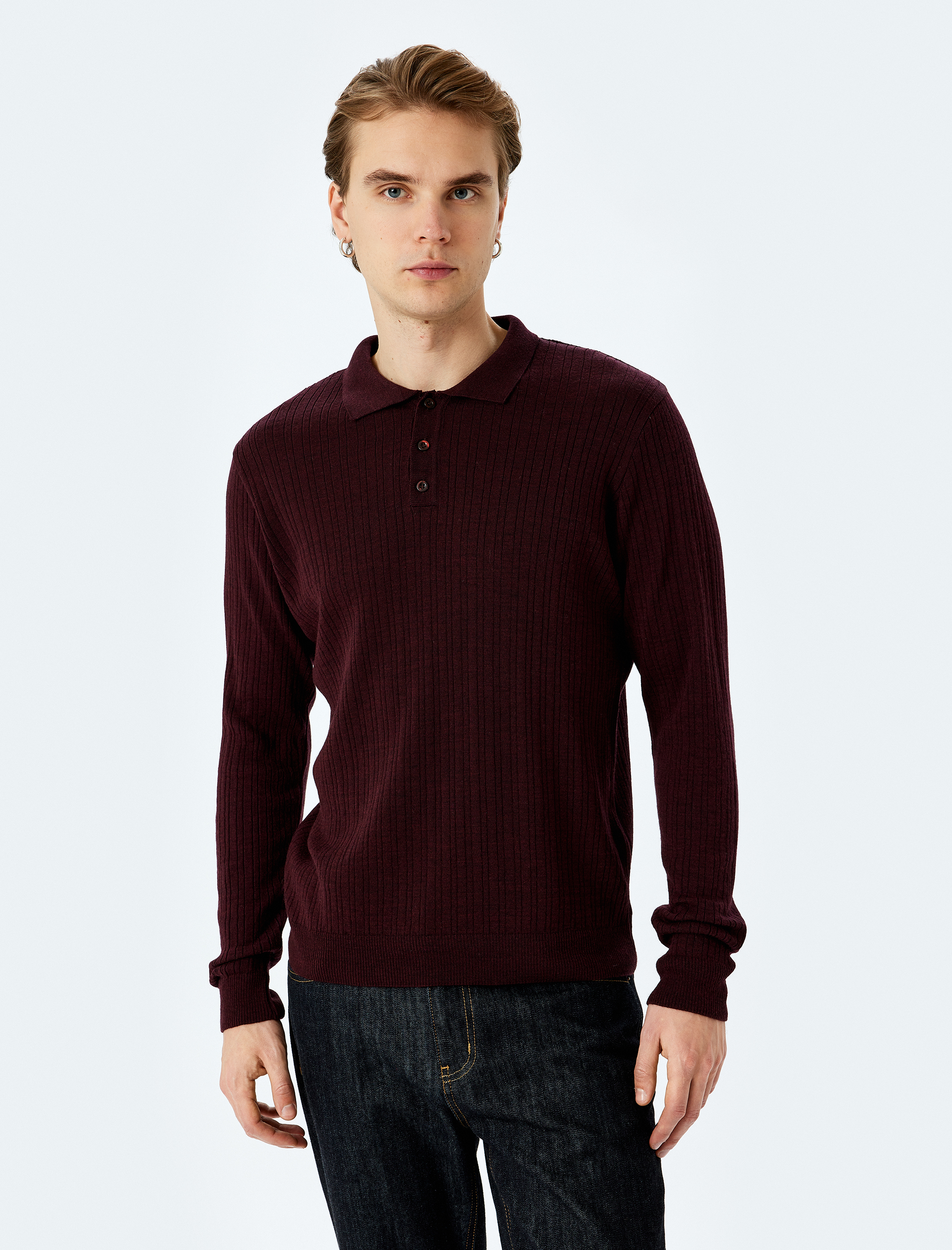 Polo Yaka Düğmeli Dokulu Triko Kazak