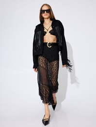 Koton X Zeynep Bastık -  Leopar Desenli Midi Boy Asimetrik Transparan Dantel Etek