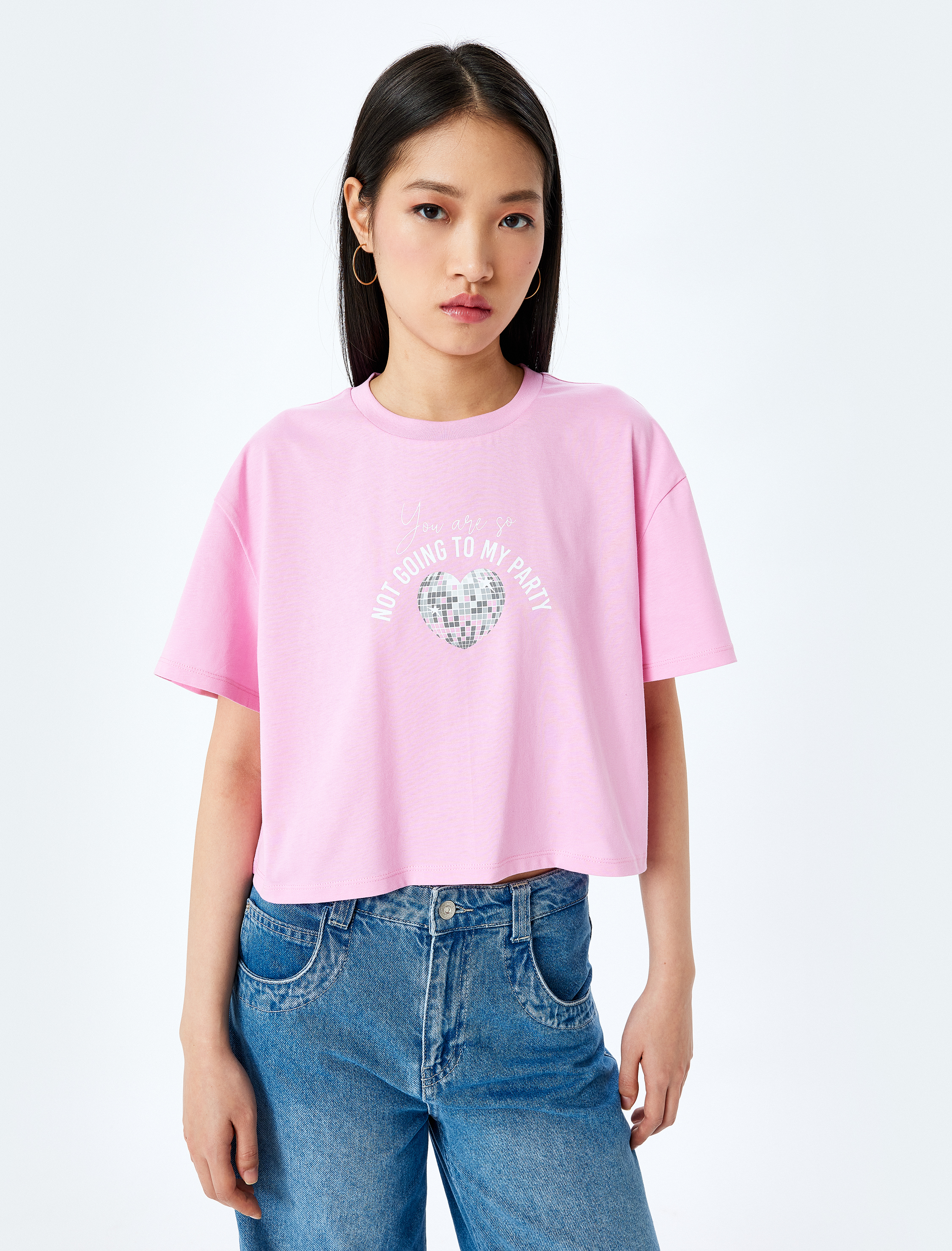   Slogan Baskılı Bisiklet Yaka Kısa Kollu Oversize Crop Tişört