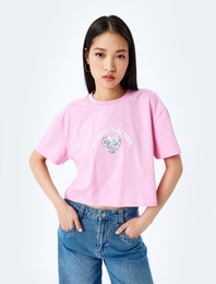 Slogan Baskılı Bisiklet Yaka Kısa Kollu Oversize Crop Tişört