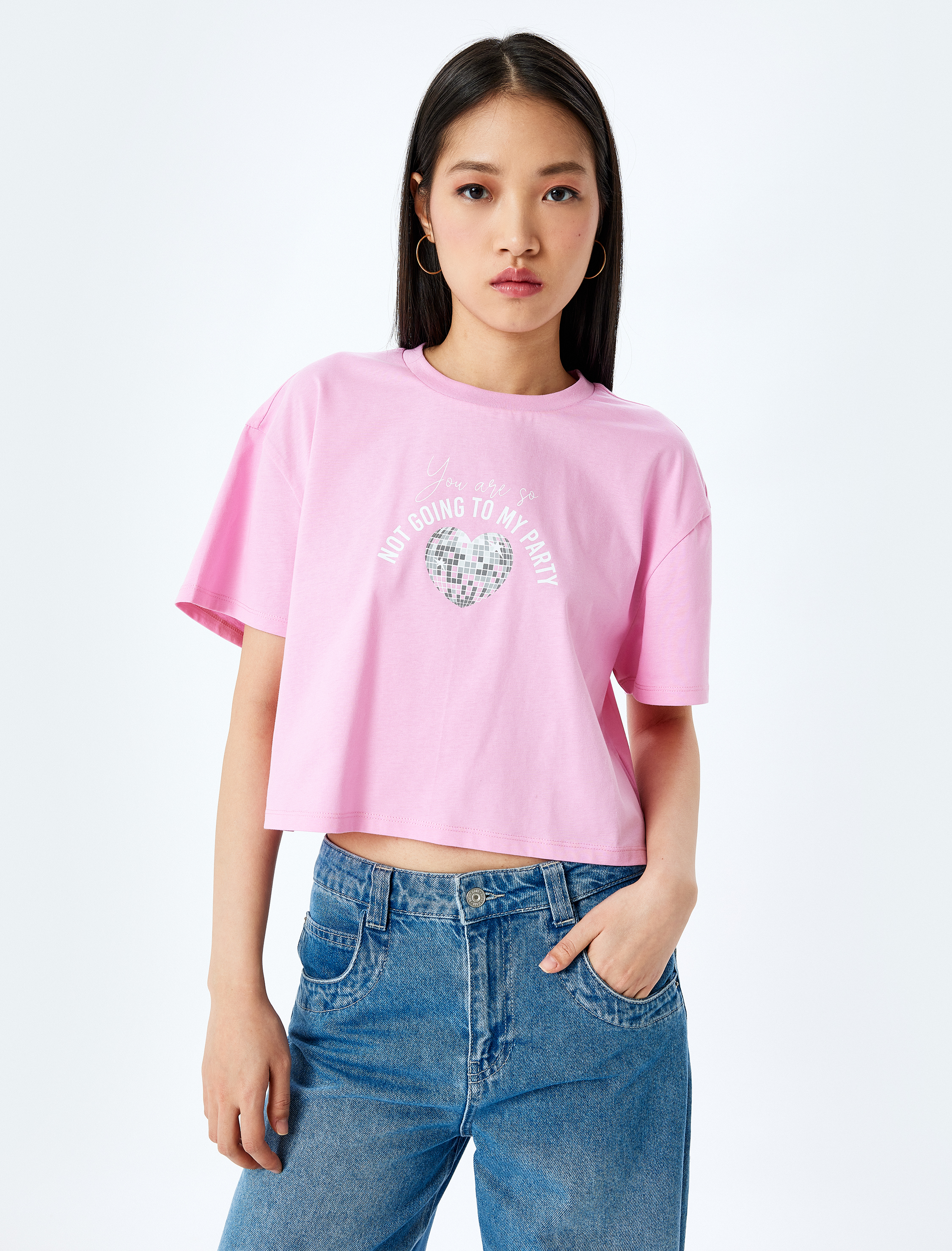   Slogan Baskılı Bisiklet Yaka Kısa Kollu Oversize Crop Tişört