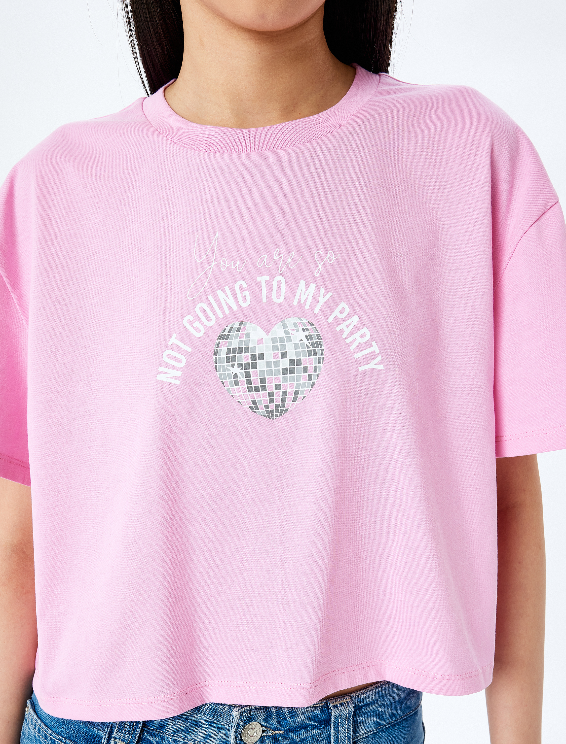   Slogan Baskılı Bisiklet Yaka Kısa Kollu Oversize Crop Tişört