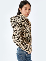 Leopar Desenli Kapüşonlu Fermuarlı Crop Sweatshirt