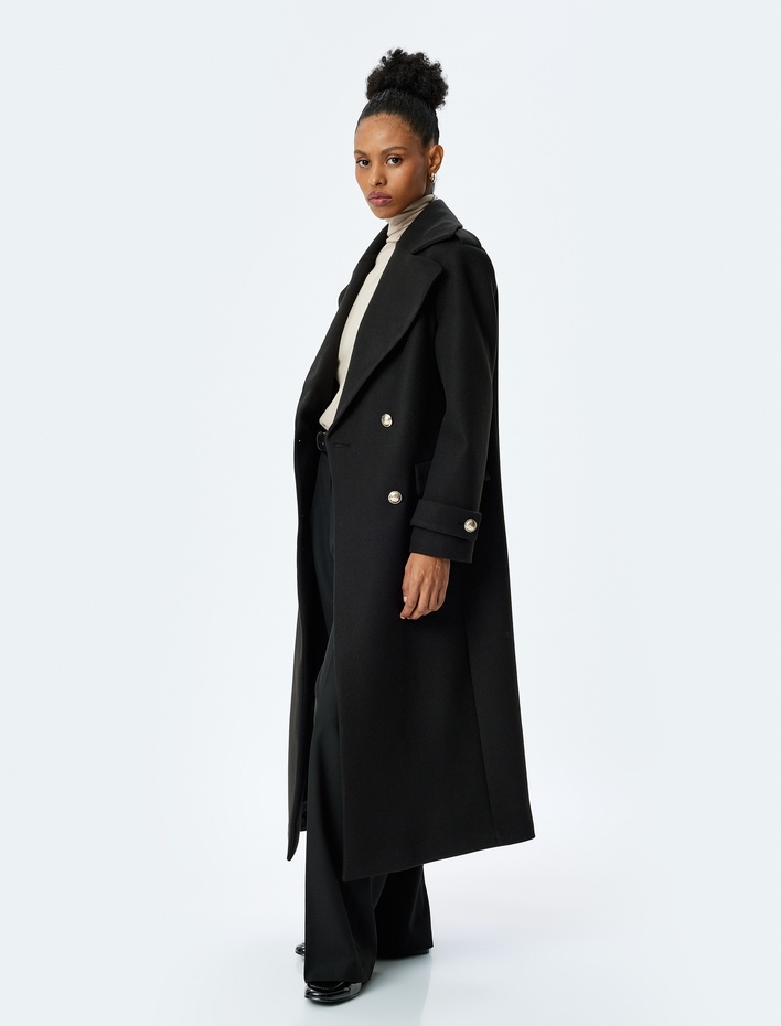  Düğmeli Cepli Uzun Kruvaze Kaban