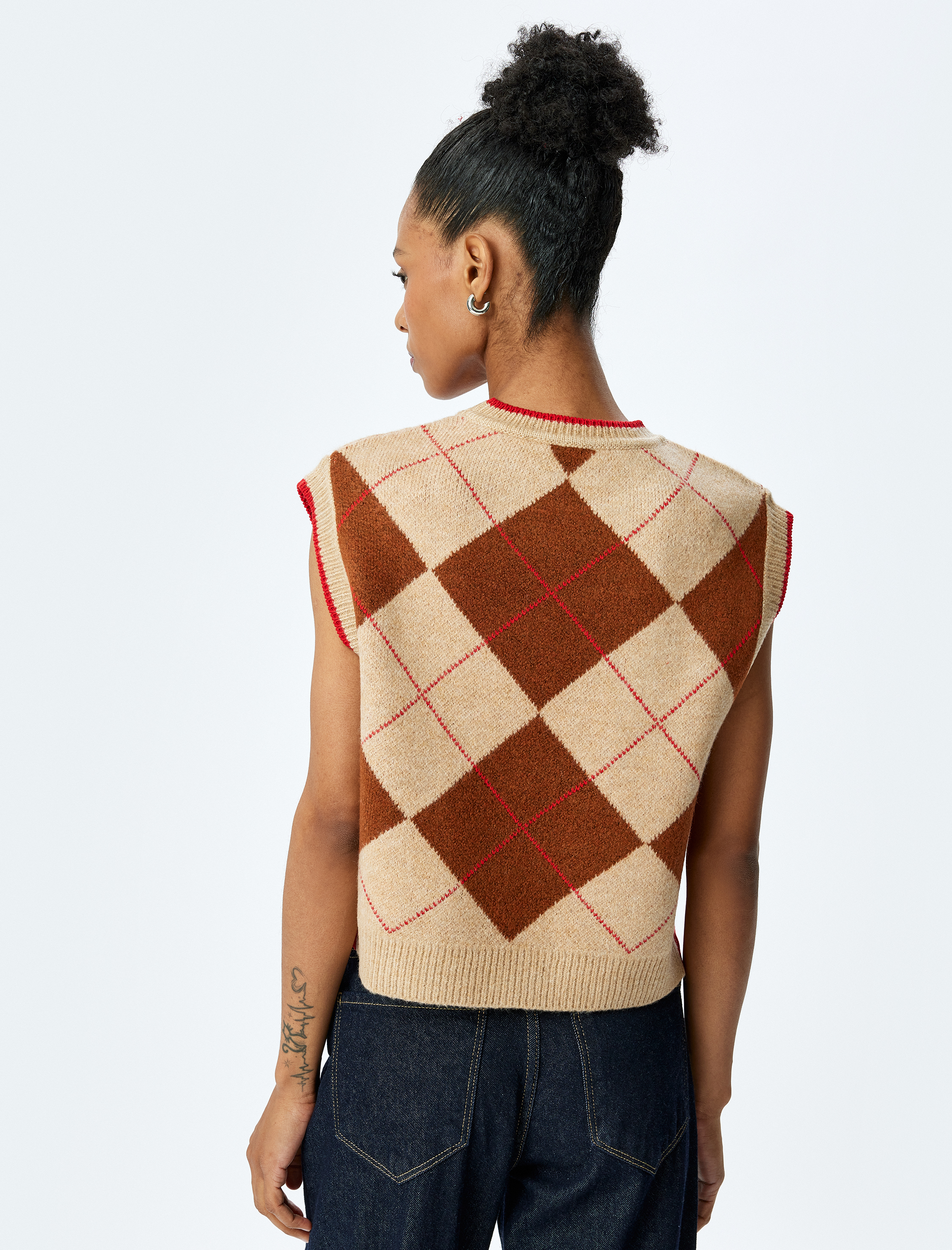   Bisiklet Yaka Baklava Desenli Kolsuz Triko Süveter