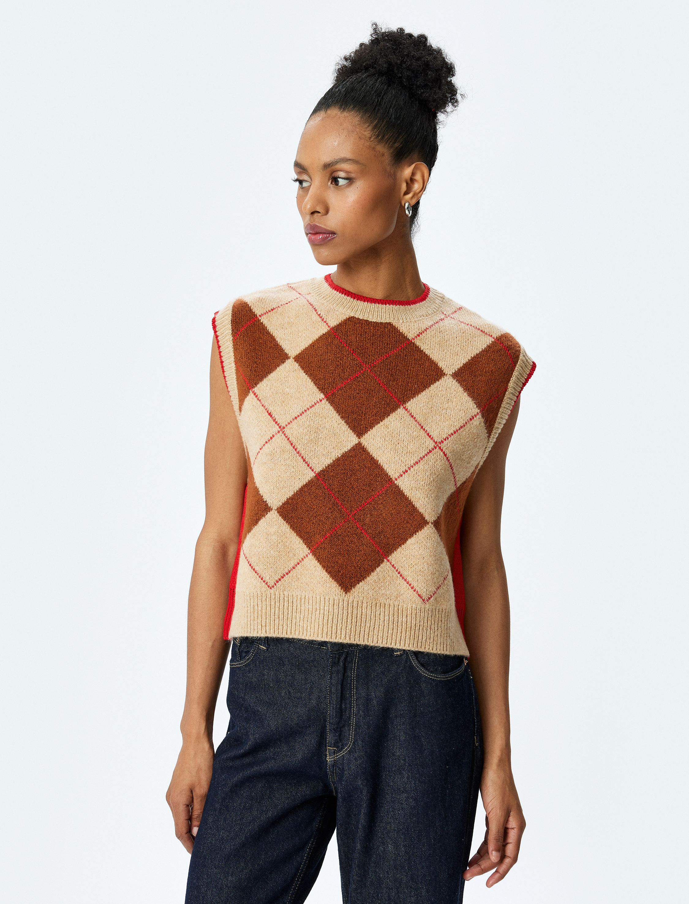   Bisiklet Yaka Baklava Desenli Kolsuz Triko Süveter