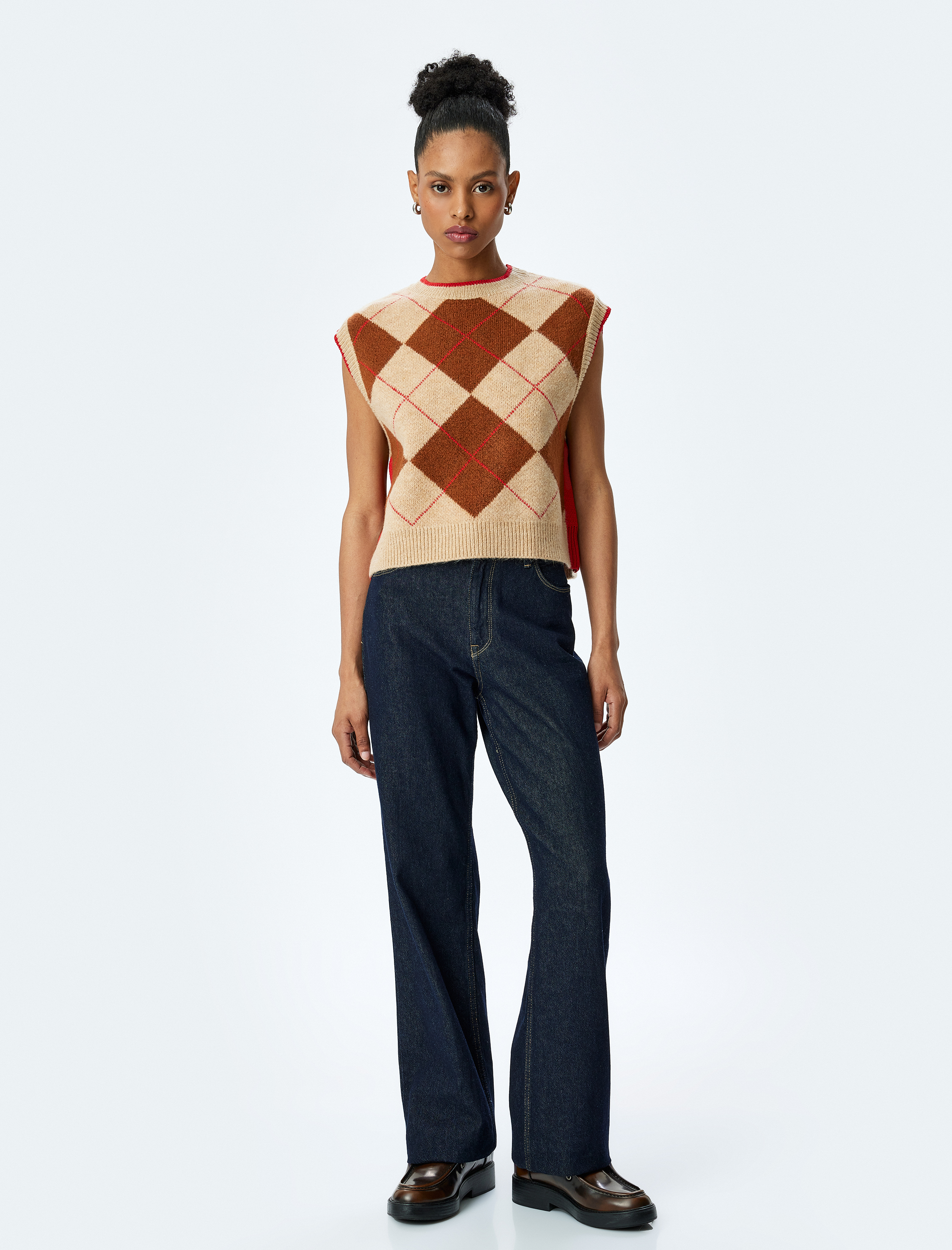   Bisiklet Yaka Baklava Desenli Kolsuz Triko Süveter