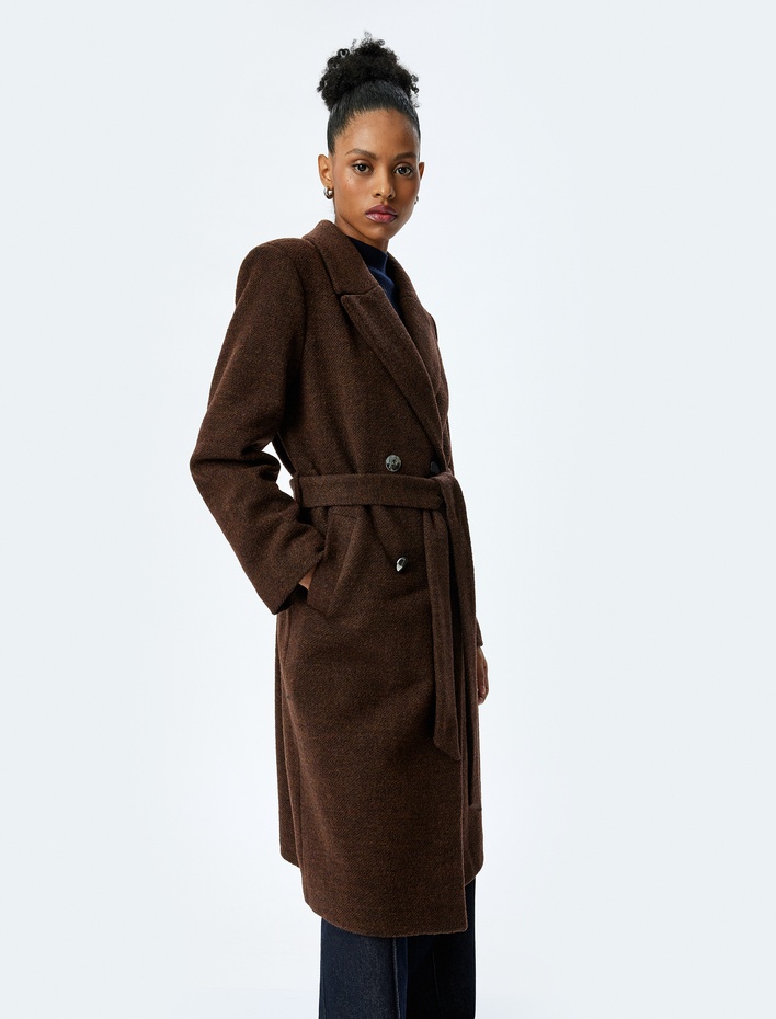  Cepli Kemerli Düğmeli Uzun Kruvaze Kaban