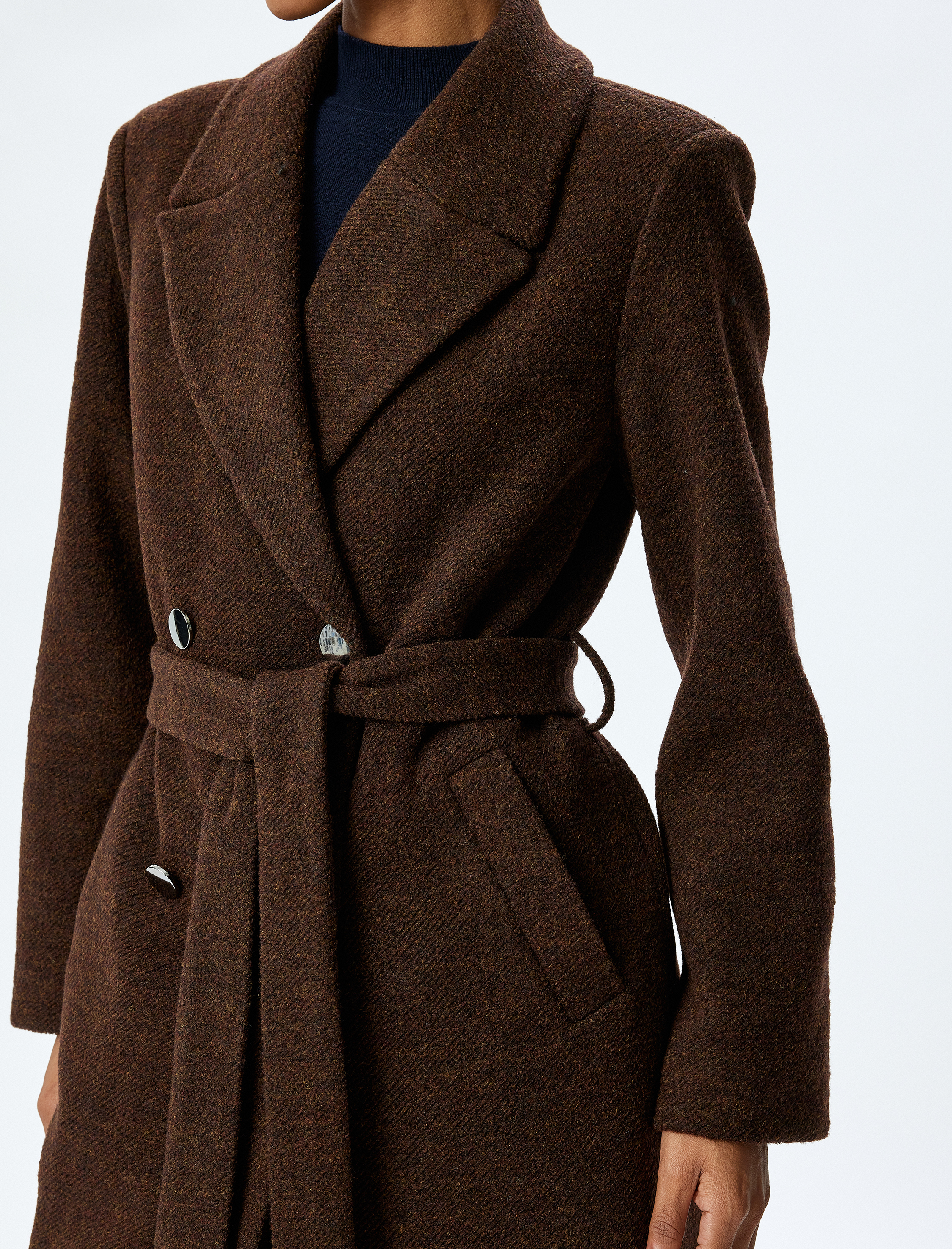   Cepli Kemerli Düğmeli Uzun Kruvaze Kaban