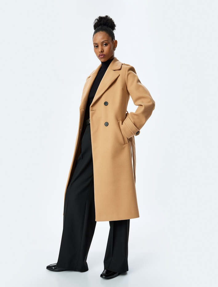  Cepli Düğmeli Kruvaze Kemer Detaylı Uzun Kaşe Kaban