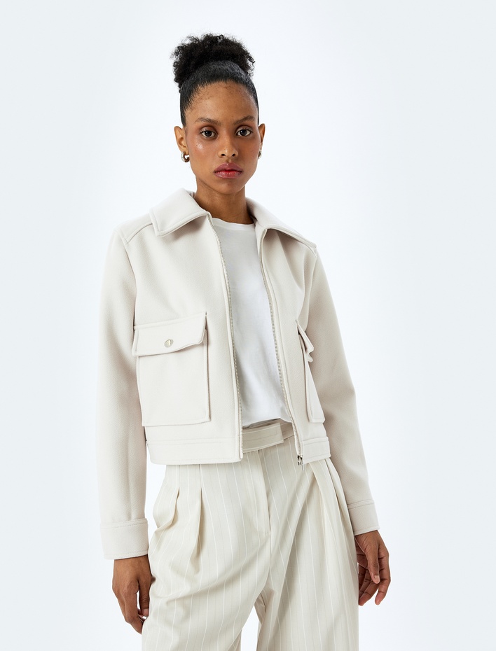  Cep Detaylı Fermuarlı Kaşe Crop Ceket