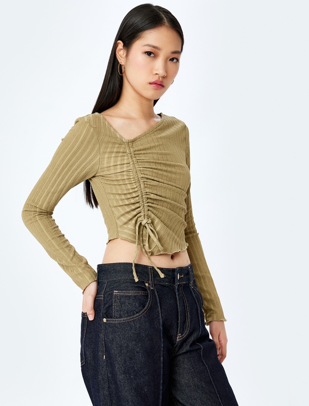 Asimetrik Yaka Büzgülü Slim Fit Uzun Kollu Tişört_0