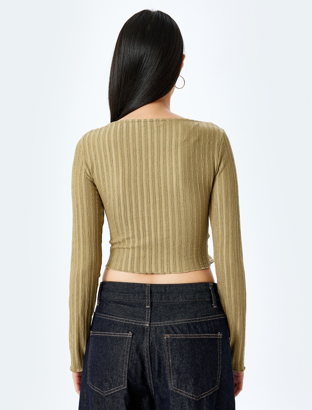 Asimetrik Yaka Büzgülü Slim Fit Uzun Kollu Tişört_3