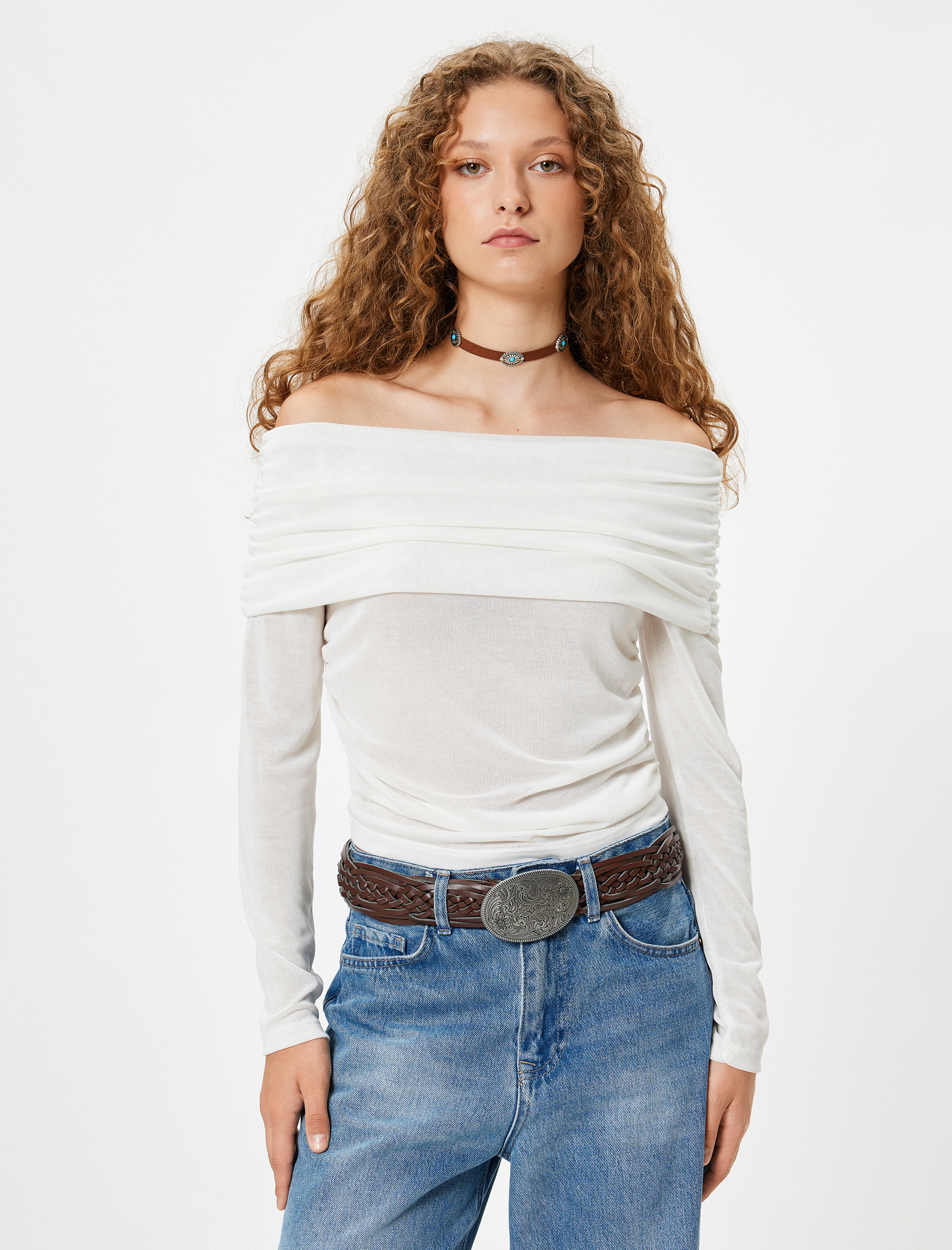   Madonna Yaka Omzu Açık Tişört Uzun Kollu Drapeli Slim Fit Viskon Karışımlı