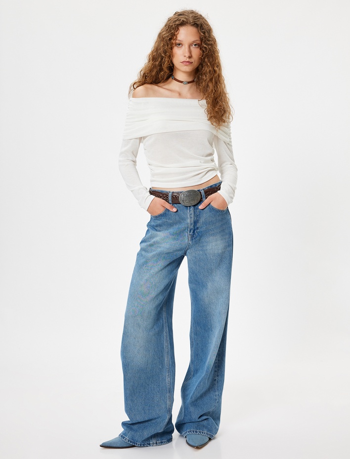  Madonna Yaka Omzu Açık Tişört Uzun Kollu Drapeli Slim Fit Viskon Karışımlı