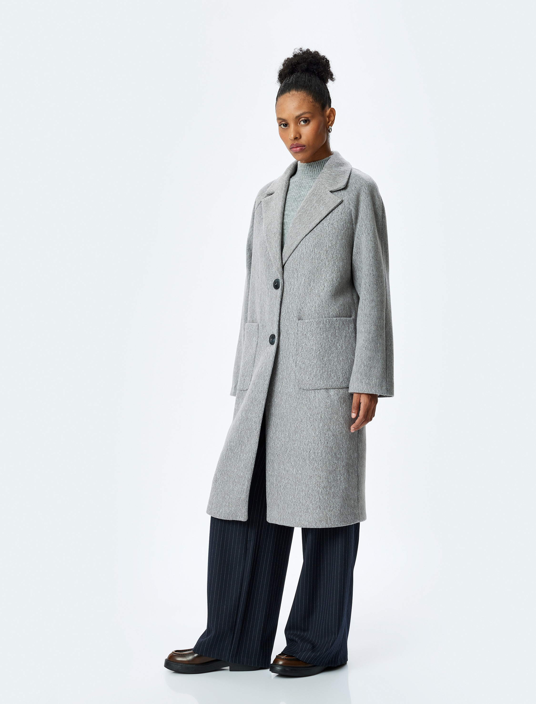   Cep Detaylı Kruvaze Yaka Uzun Kaban