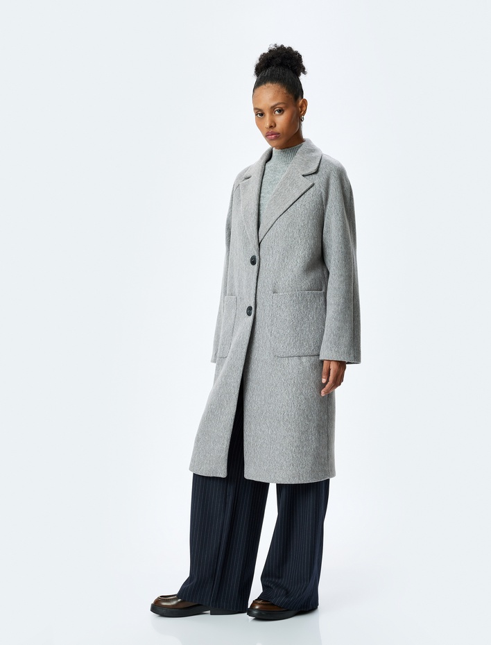  Cep Detaylı Kruvaze Yaka Uzun Kaban