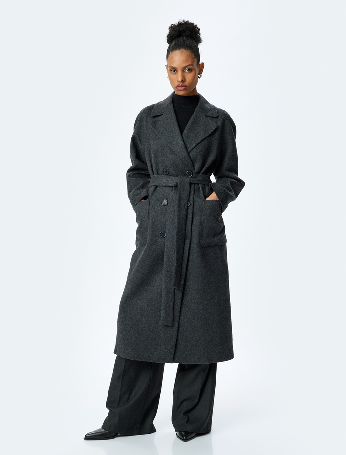  Kruvaze Yaka Cepli Kemer Detaylı Uzun Kaban