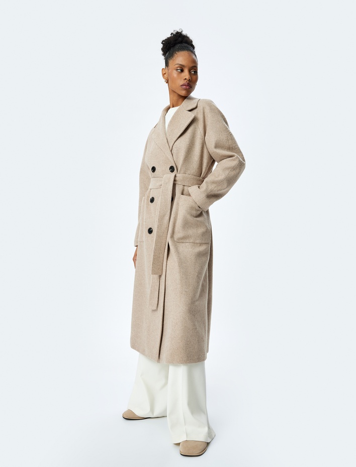  Kruvaze Yaka Cepli Kemer Detaylı Uzun Kaban