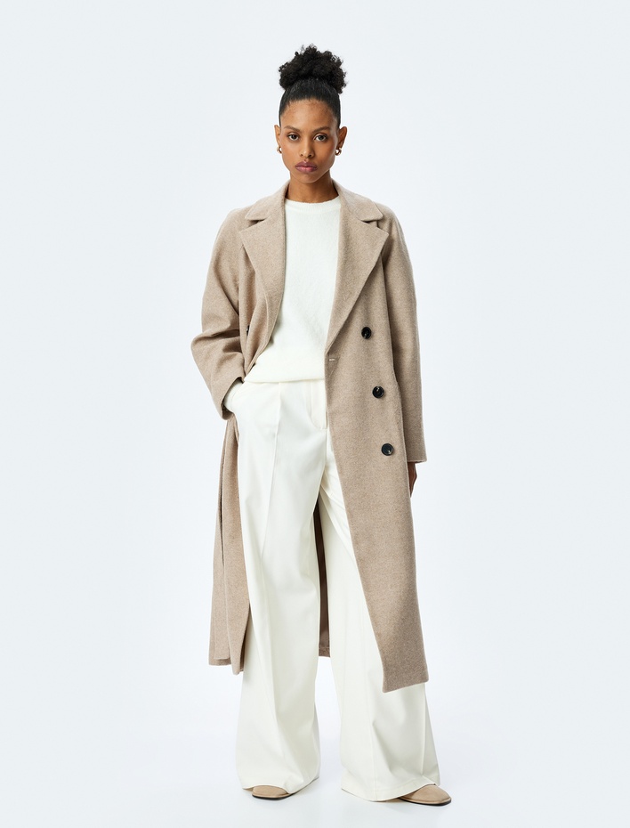  Kruvaze Yaka Cepli Kemer Detaylı Uzun Kaban