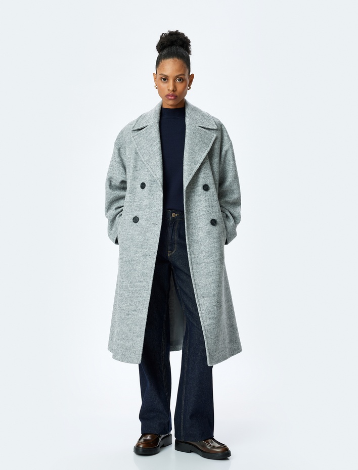  Cepli Düğmeli Kruvaze Oversize Kaşe Kaban